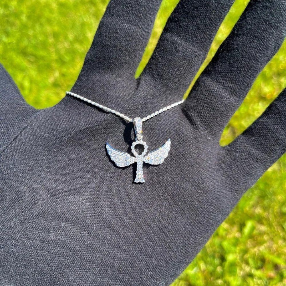 VVS Moissanite Diamond Ankh Cross with Wings Pendant, Solid 925 Sterling Silver